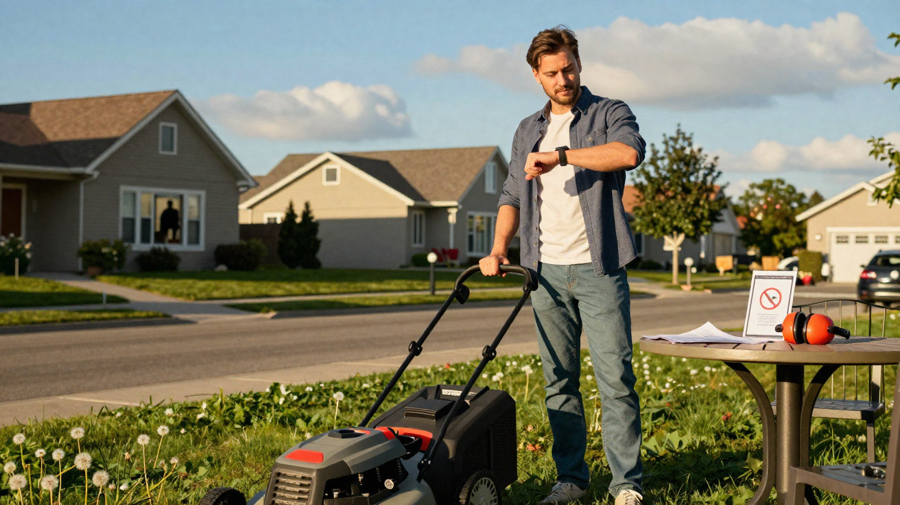 Man in casual clothes checking his watch while standing next to a lawn mower on a suburban street.