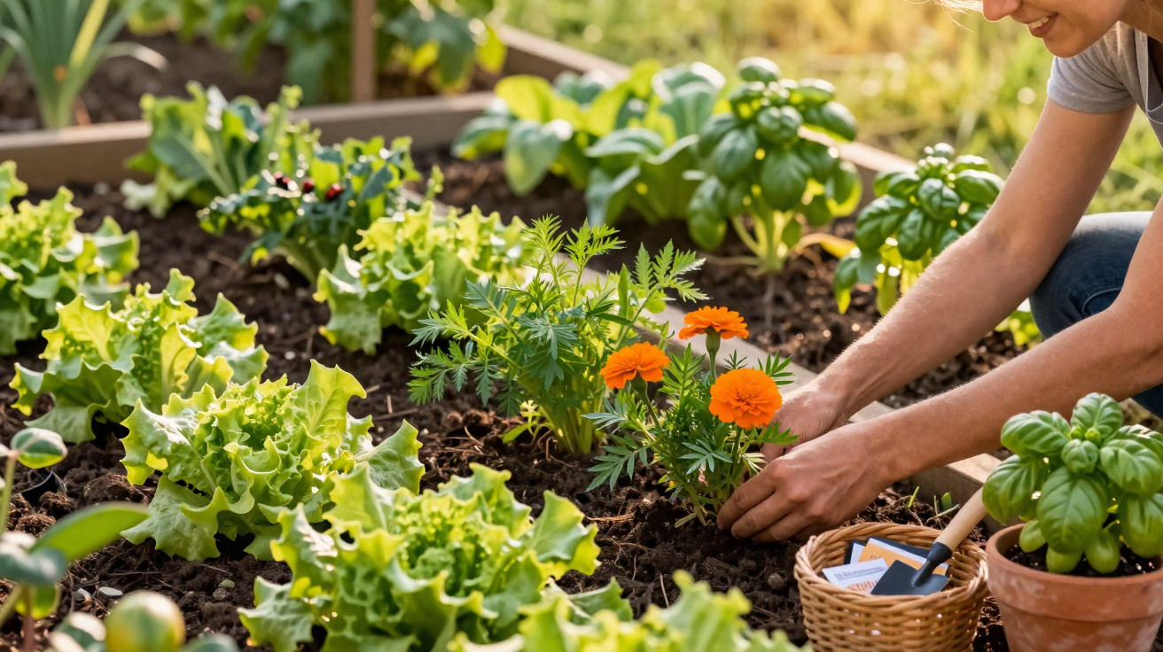 Person planting orange marigold flowers in a vegetable garden bed with leafy greens and herbs.