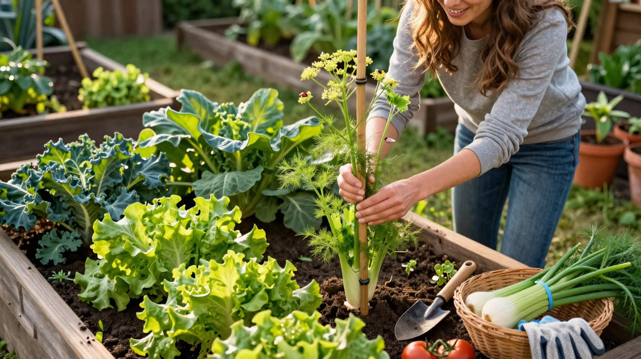 Woman tending to leafy vegetables in a raised garden bed on a sunny day.