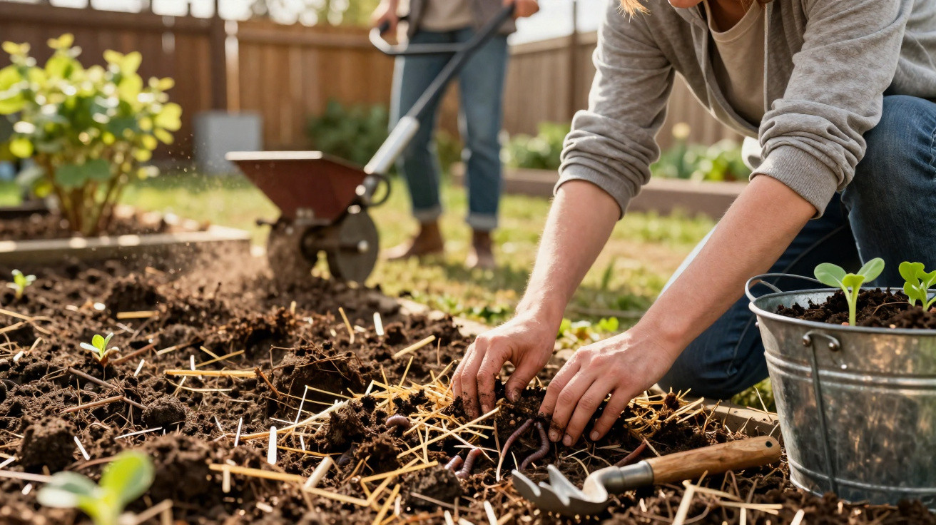 Close-up of hands planting seeds in soil with gardening tools and a metal bucket nearby in a sunlit garden.