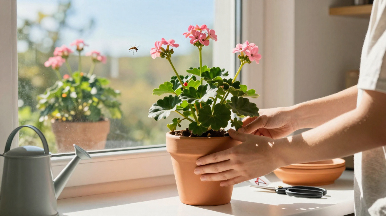 Hands adjusting a terracotta pot with pink geranium flowers on a sunny windowsill next to a watering can and scissors.