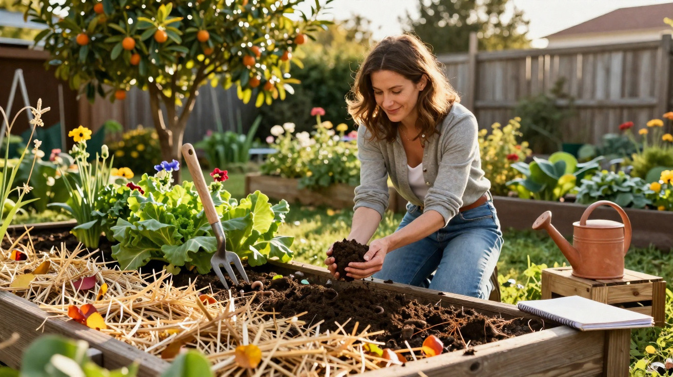 Woman kneeling and tending soil in a raised garden bed surrounded by flowers and gardening tools on a sunny day.