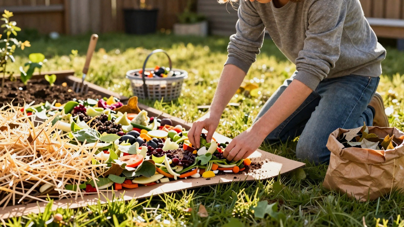 Person kneeling on grass arranging natural materials like leaves, sticks, and berries on cardboard outdoors.