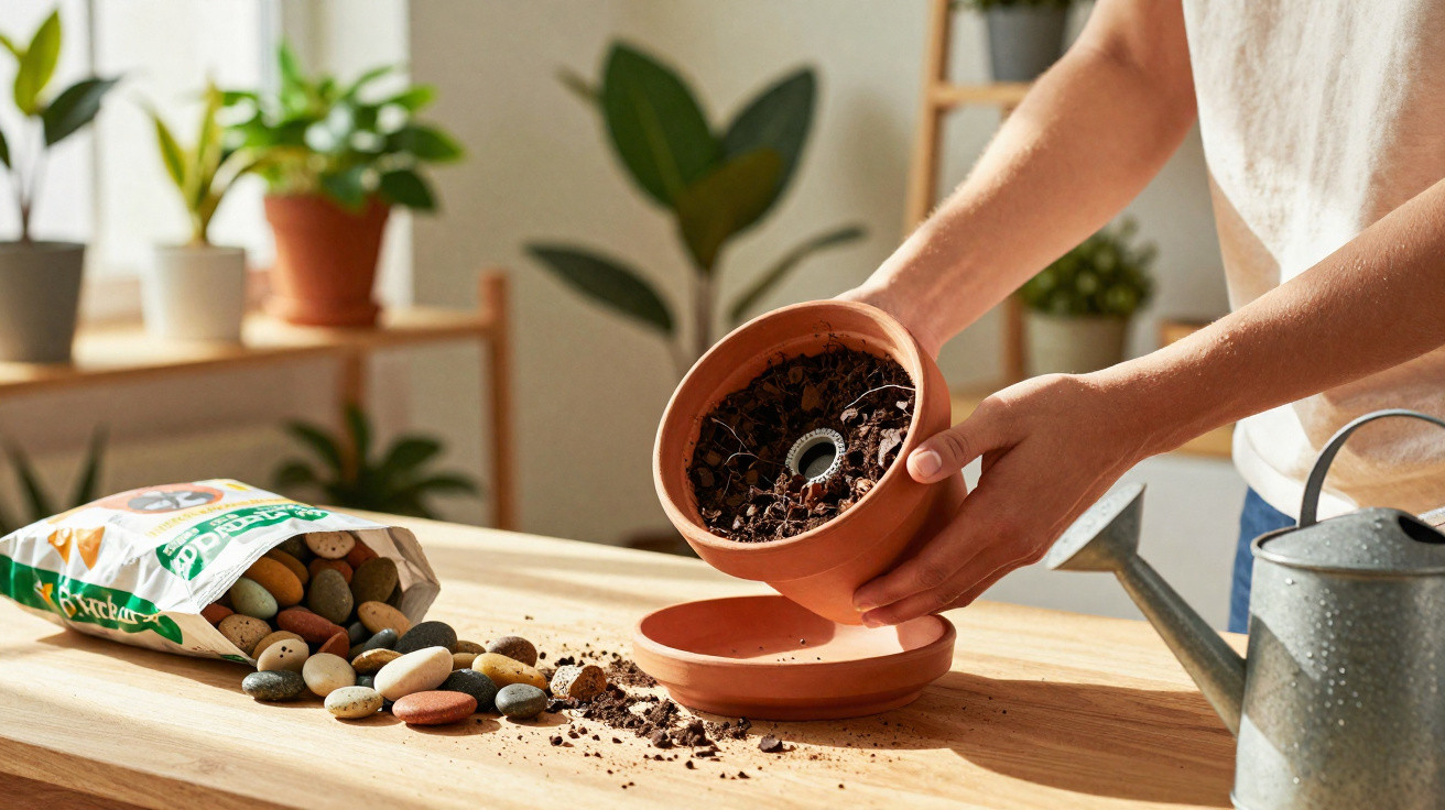 Person preparing a terracotta pot with soil and drainage stones on a wooden table with plants nearby.