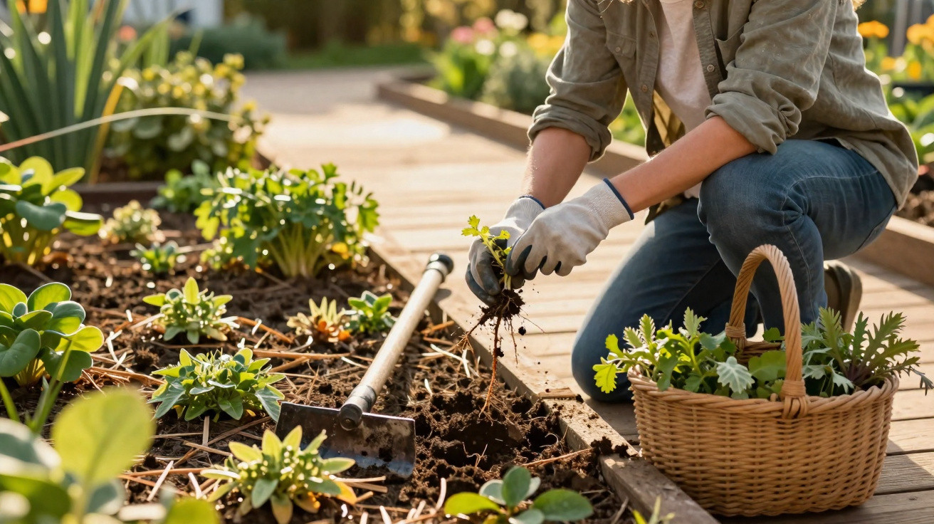 Person wearing gloves planting seedlings in a garden bed with a basket of plants and a hoe nearby.