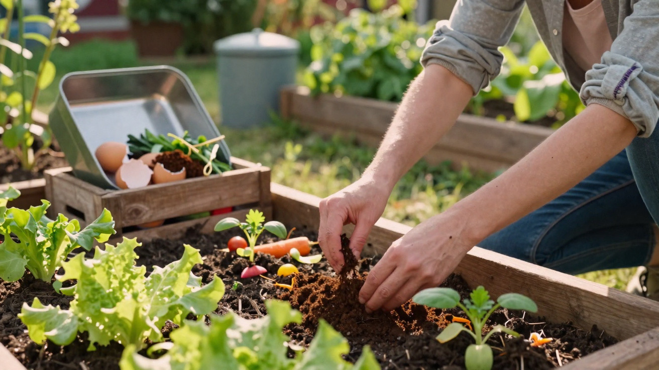 Person planting seedlings in a raised garden bed with compost and gardening tools nearby.