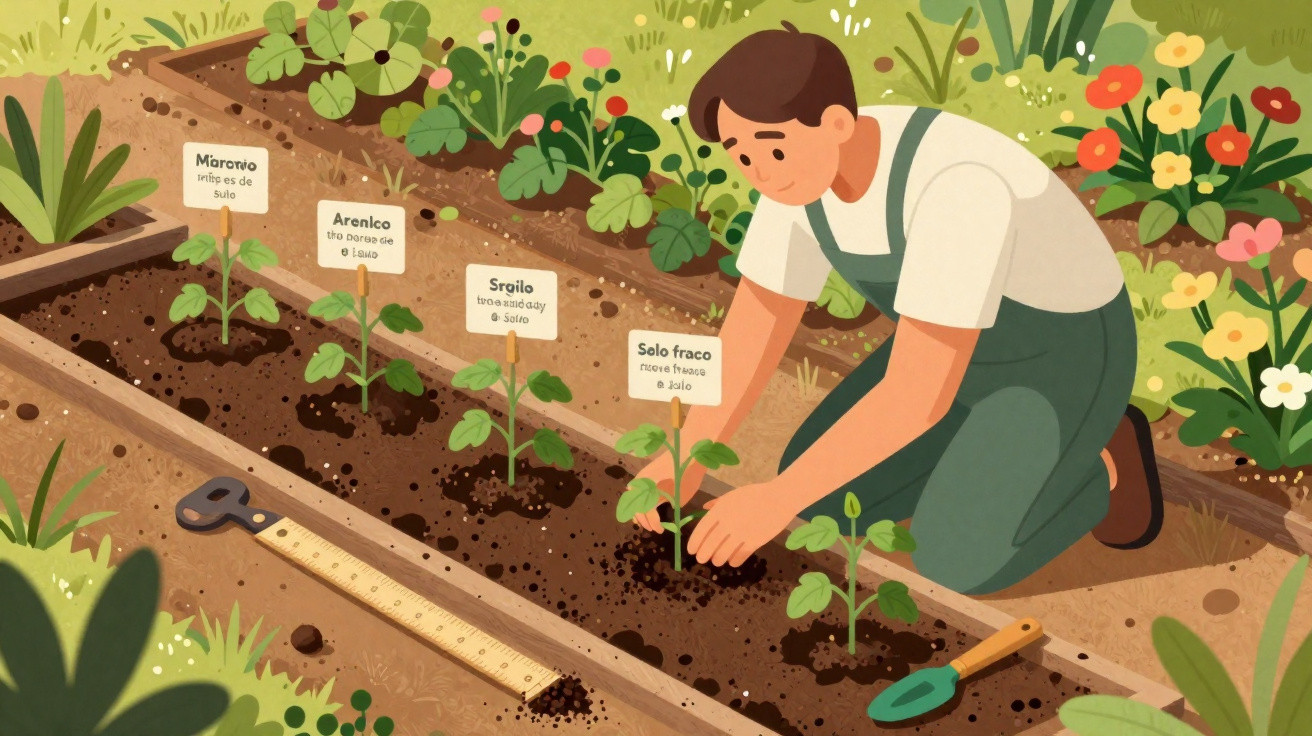 Person in overalls planting seedlings in a garden bed with labels and gardening tools nearby.