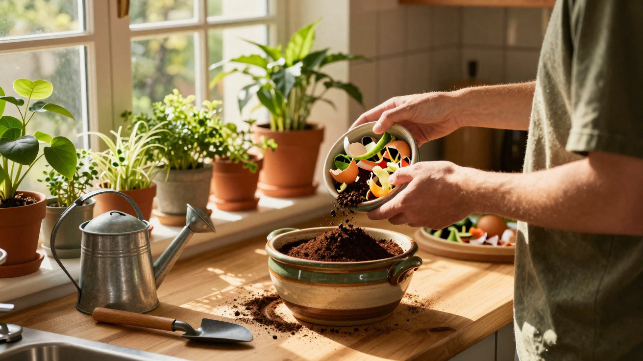 Person adding compost with vegetable scraps to a pot of soil on a wooden kitchen counter with potted plants.