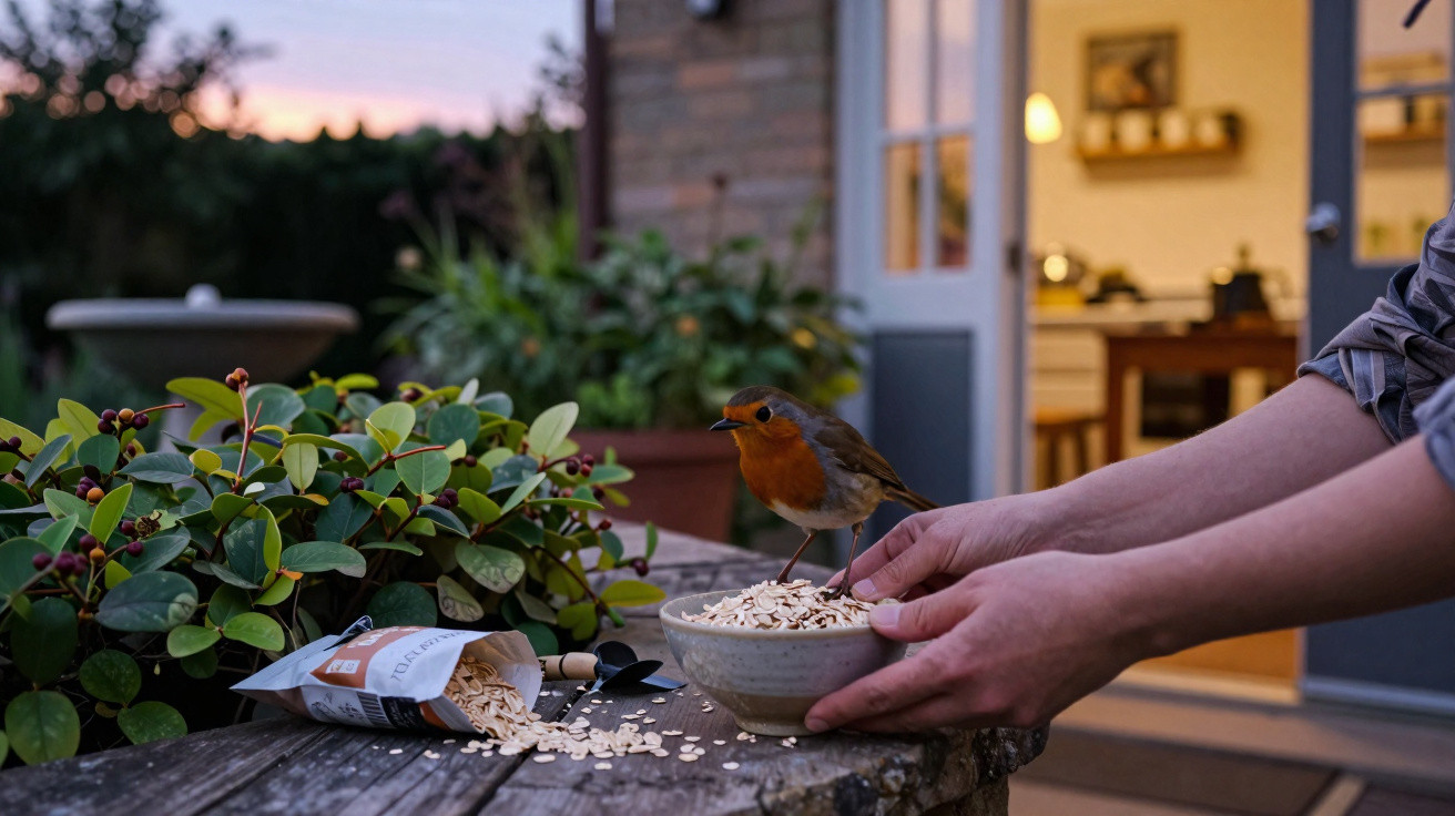Red robin bird perched on a bowl of oats held by hands on a wooden table outside a house at dusk.