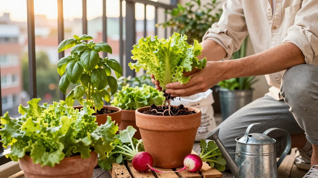 Person transplanting lettuce into a clay pot on a balcony garden with other plants and radishes nearby.
