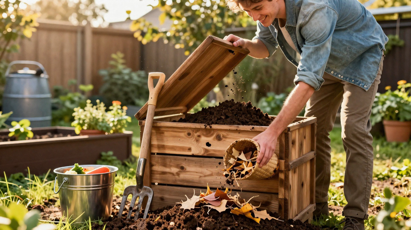 Young man adding leaves to a wooden compost bin in a sunny garden.