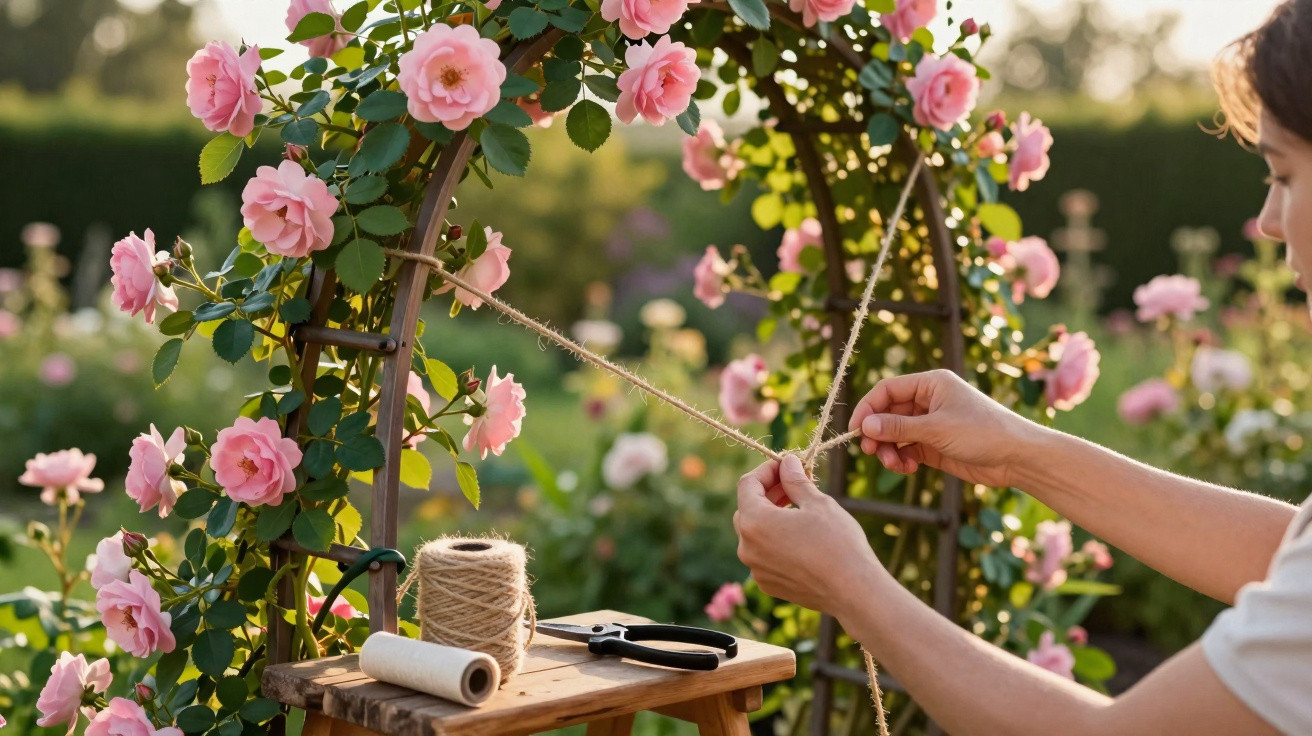 Hands tying twine around a wooden garden arch covered in blooming pink roses in a sunlit garden.