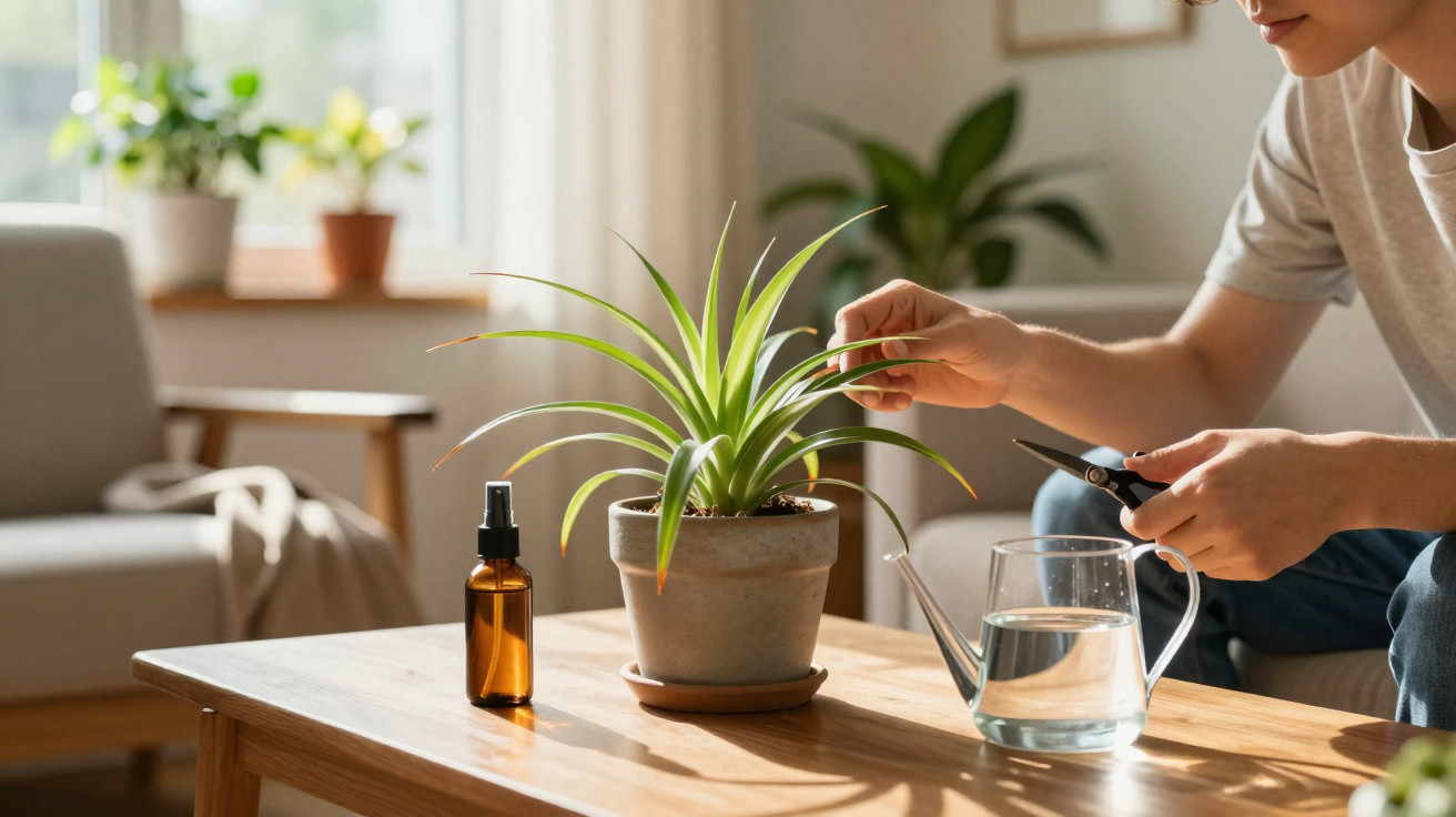 Person pruning a potted green plant on a wooden table inside a sunlit living room with plant care tools.