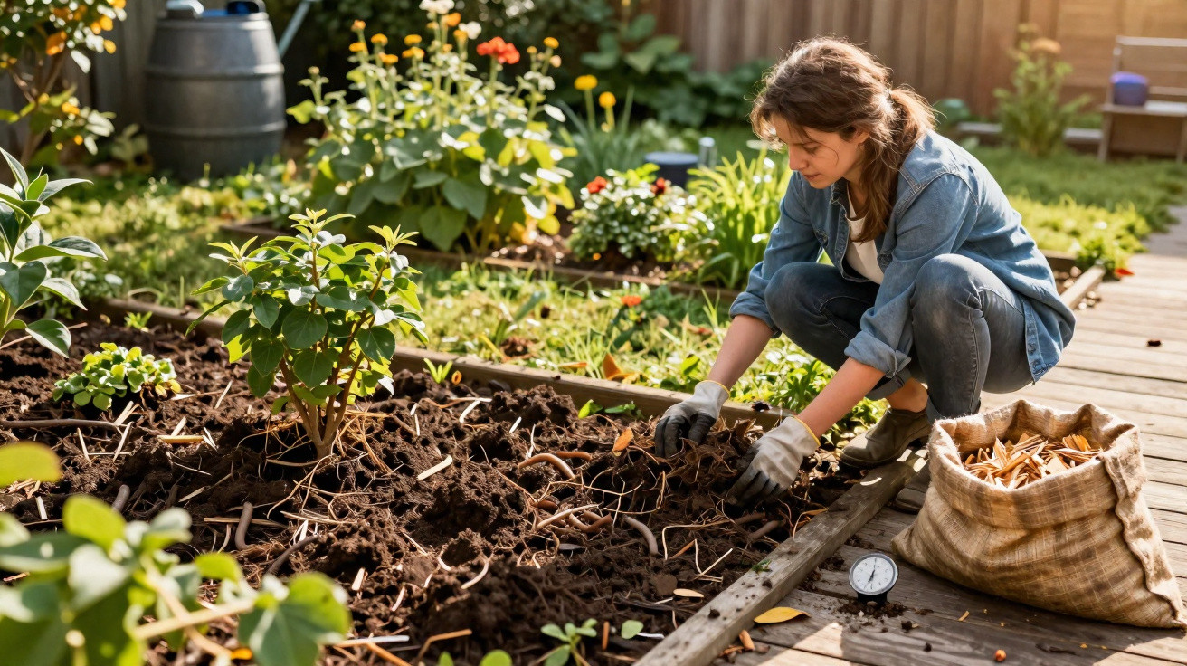 Woman wearing gloves gardening and preparing soil in a sunny flowerbed with a sack of leaves nearby