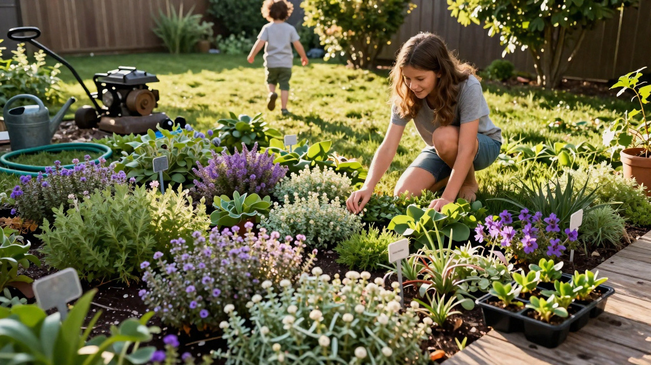 Woman tending to a vibrant flower garden with a child walking away in the sunlit backyard.