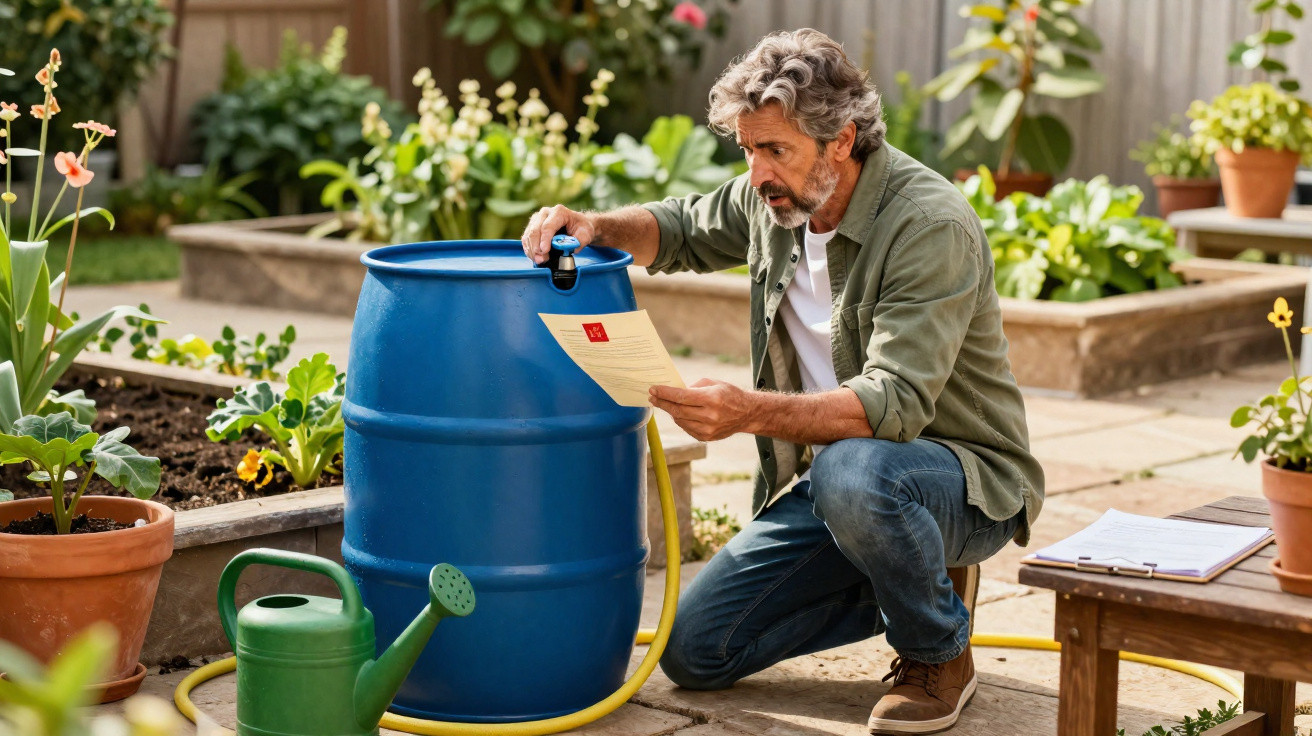 Man checks document while filling blue rain barrel in a garden with plants and watering cans around.
