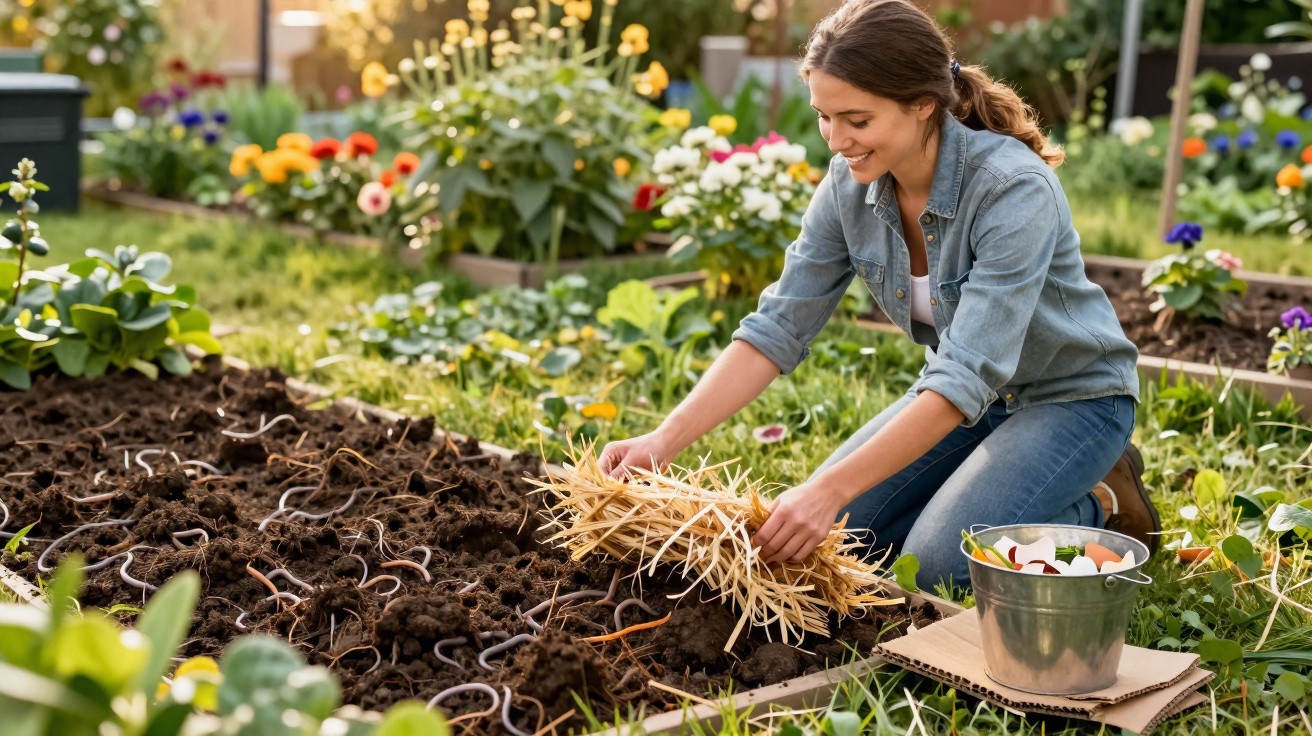 Woman kneeling in a garden bed, covering sprouts with straw mulch on a sunny day.