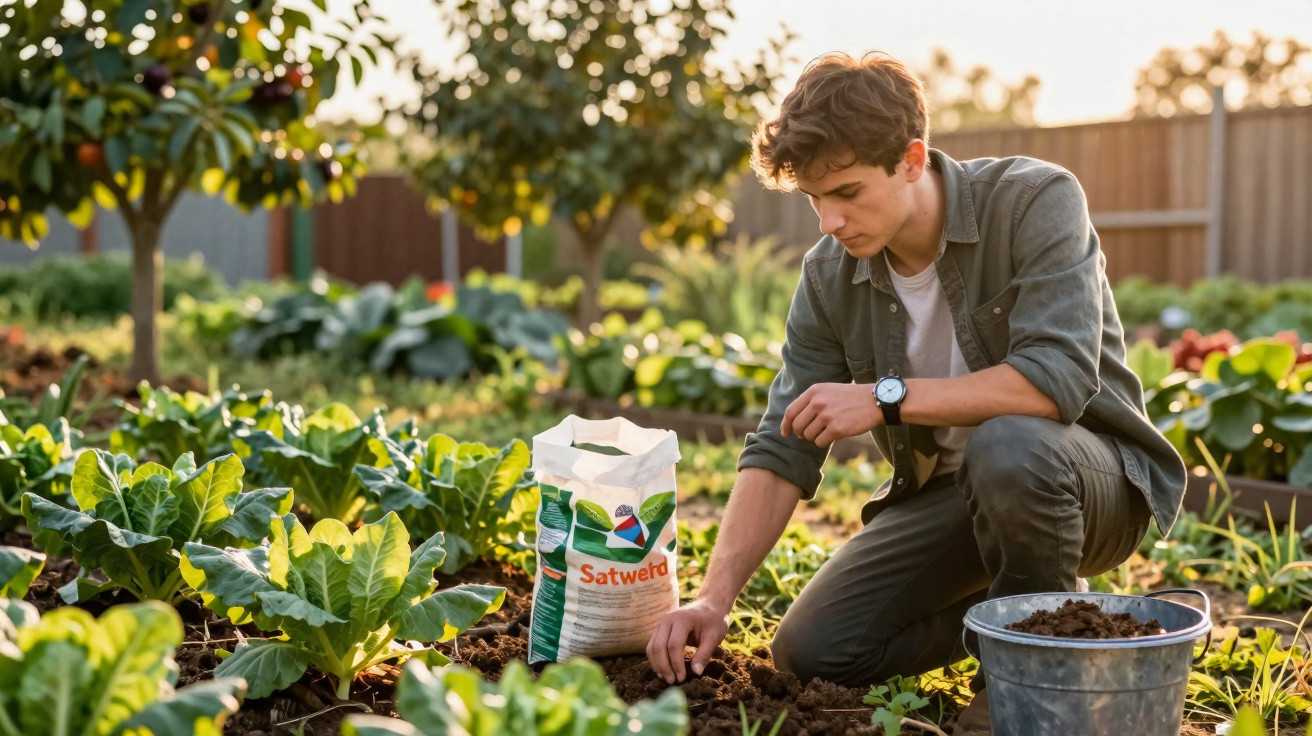 Young man kneeling and planting seeds in a vegetable garden during golden hour sunlight.