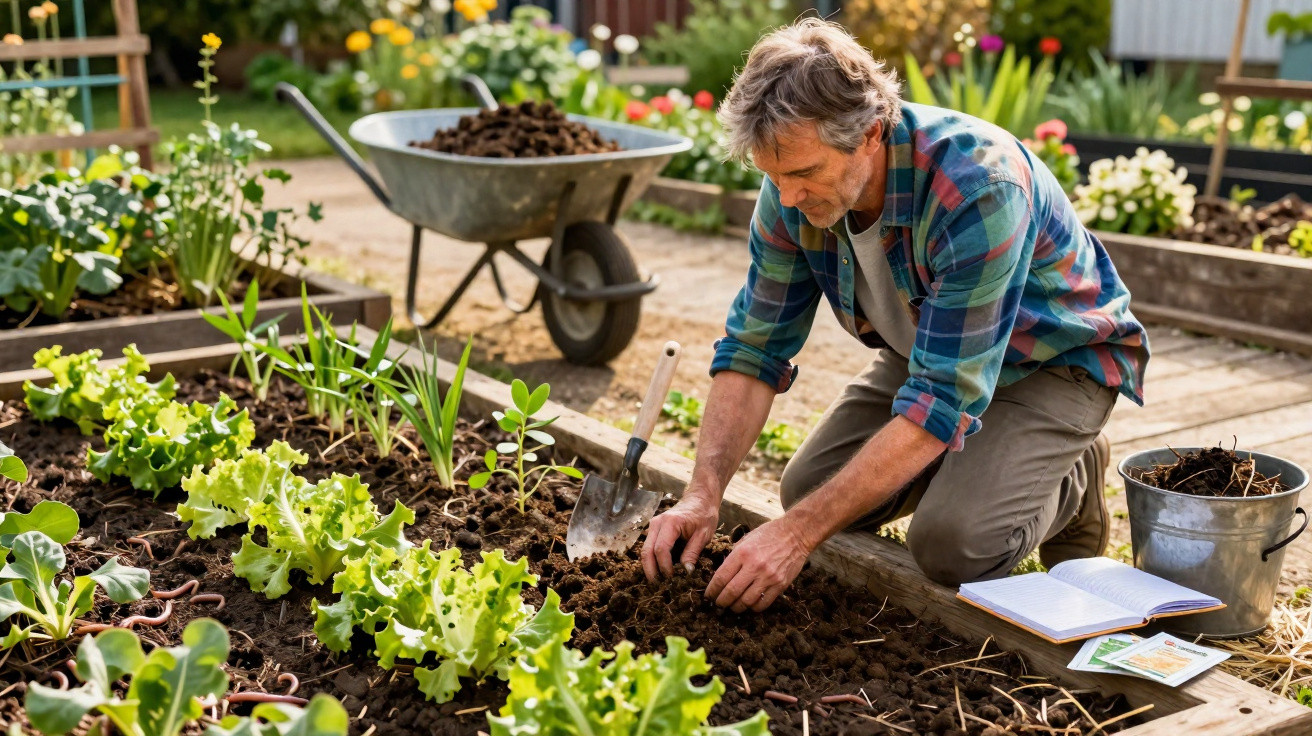 Man kneeling and planting seeds in a vegetable garden with a wheelbarrow and gardening tools nearby.