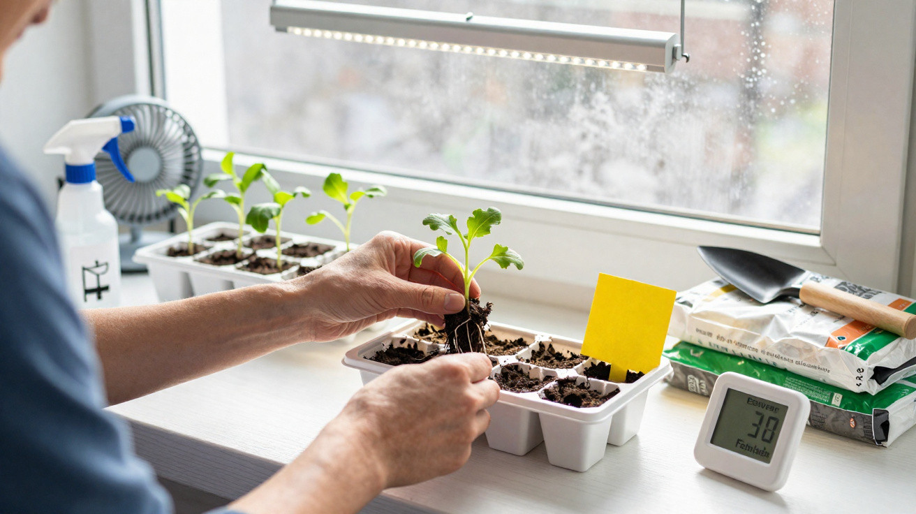 Hands transplanting seedlings into a white seed tray on a windowsill with gardening supplies nearby.