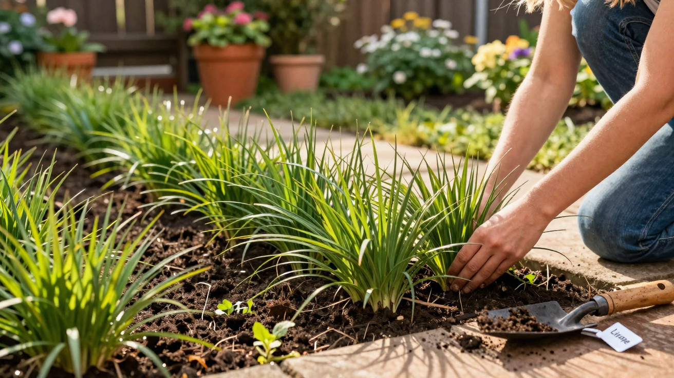 Person planting green plants in a garden bed beside a paved pathway with a trowel and labelled plant tag nearby