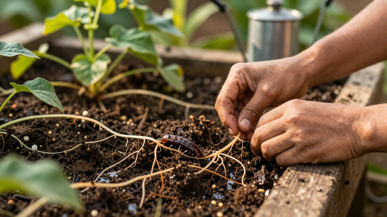 Hands tending plant roots in a raised garden bed with soil, seedlings, and a watering can in the background.