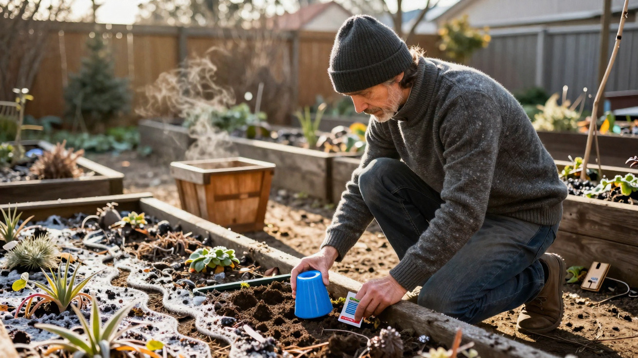 Man in a grey sweater and beanie planting seeds in a raised garden bed on a cold morning.