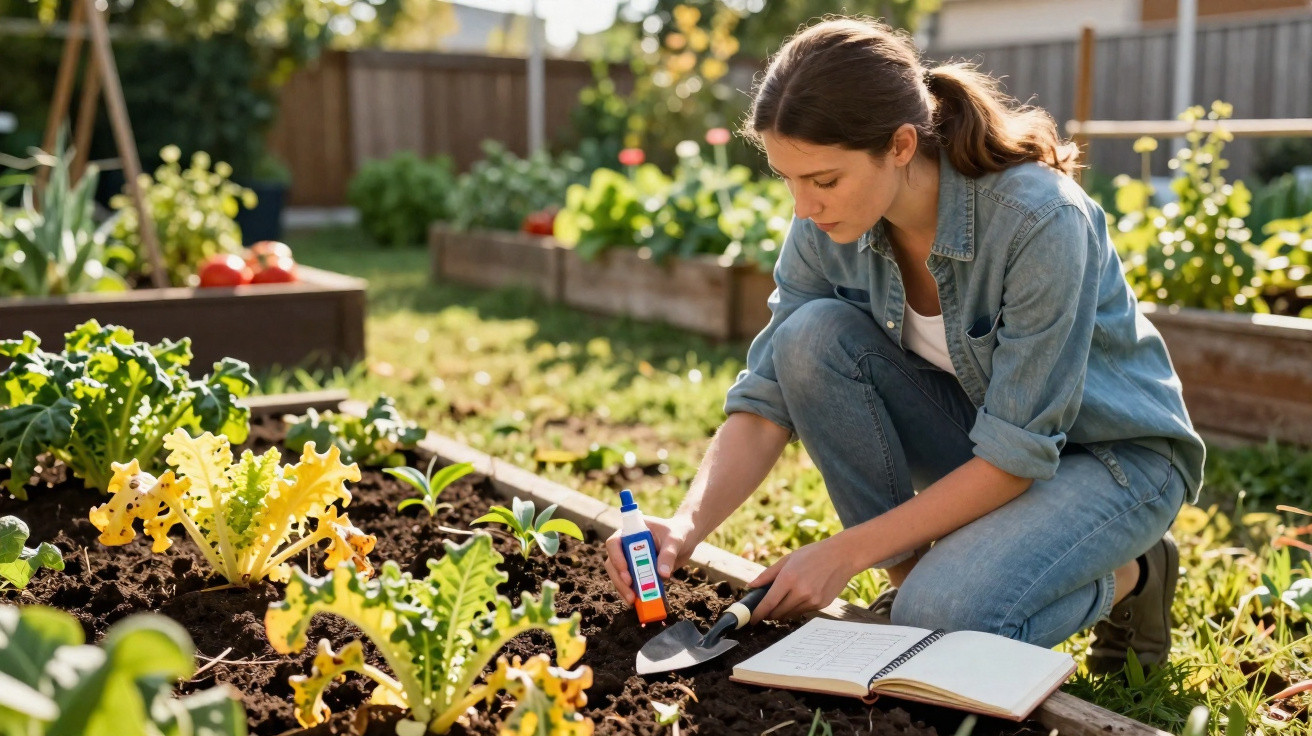 Woman kneeling in a garden bed testing soil with a pH meter, surrounded by leafy plants and an open notebook.