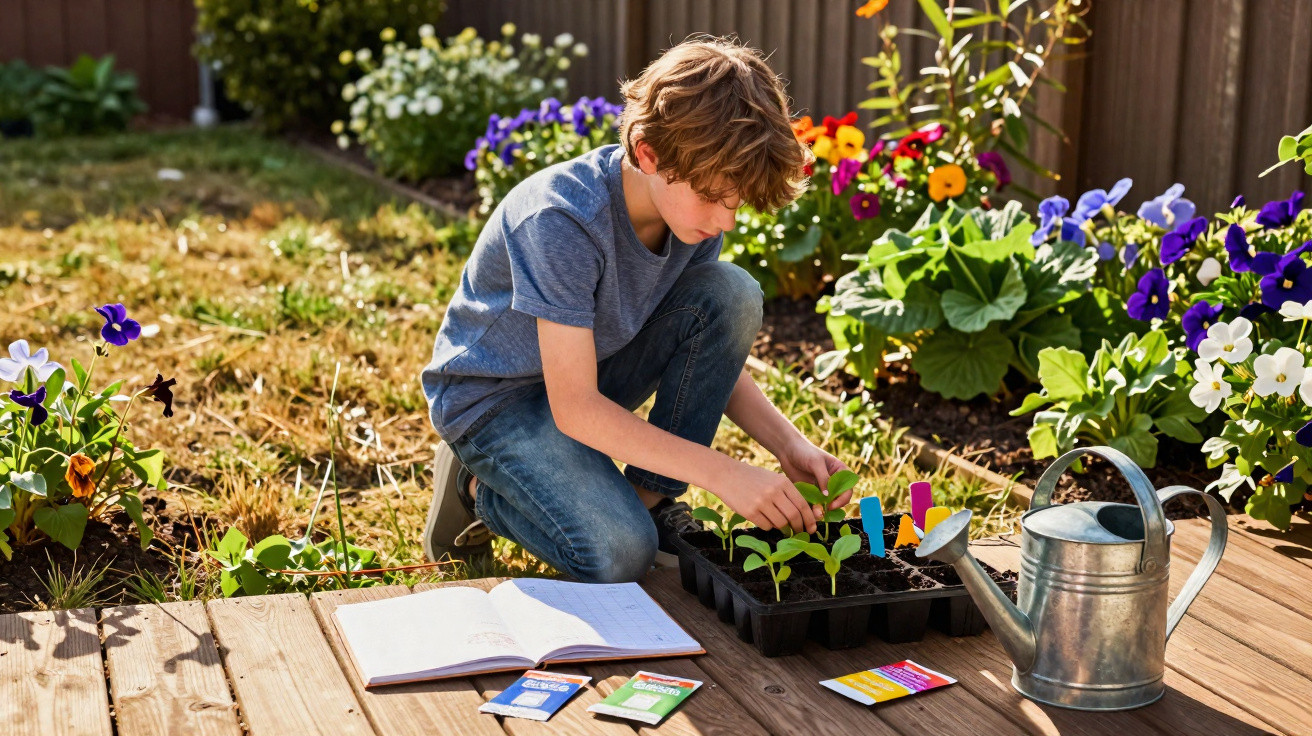 Young boy planting seedlings in a garden with gardening tools and flowerbeds in sunlight.
