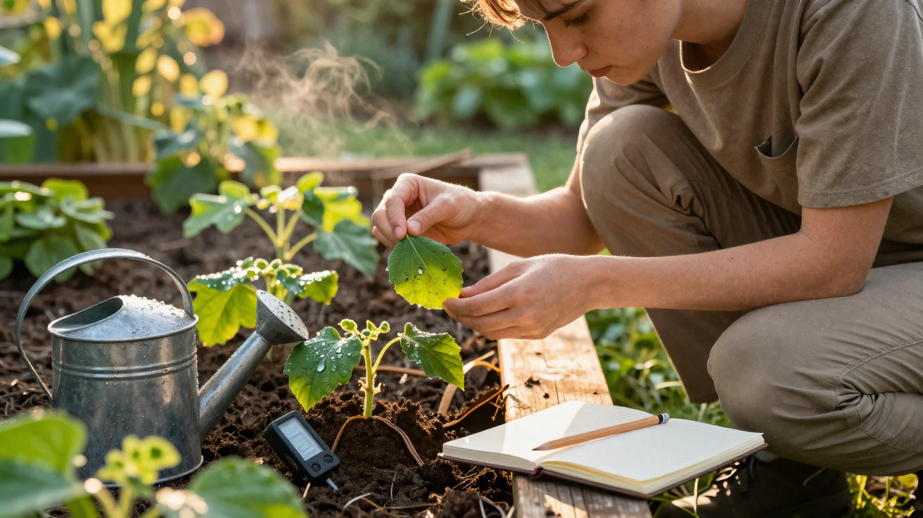 Person examining a plant leaf in a garden with a watering can, digital timer, and open notebook nearby.