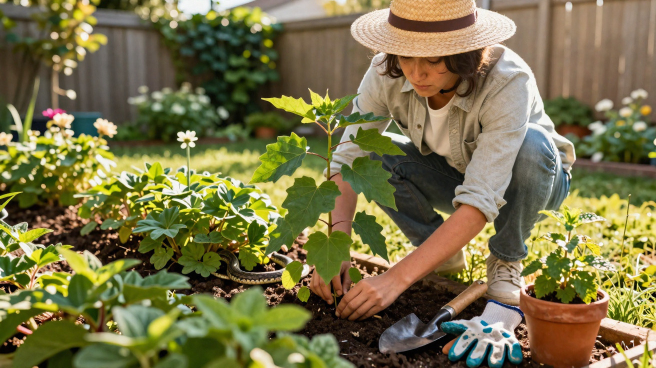 Child wearing a straw hat planting a young tree in a garden bed surrounded by green plants and gardening tools.