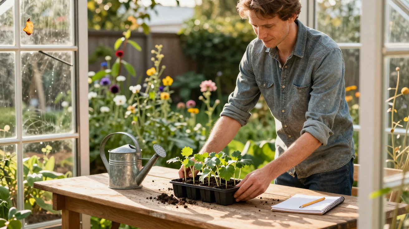 Man tending to seedlings on a wooden table in a sunlit greenhouse with garden flowers in the background.