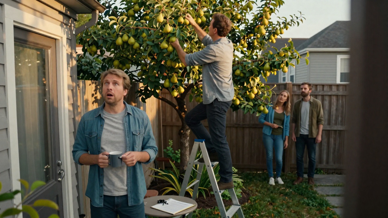 Four people in a garden with one man picking pears from a tree while others watch or hold a cup.
