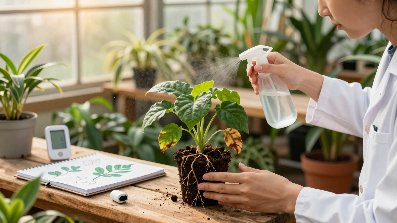 Person in a white coat misting a healthy potted plant with roots exposed on a wooden table in a greenhouse.