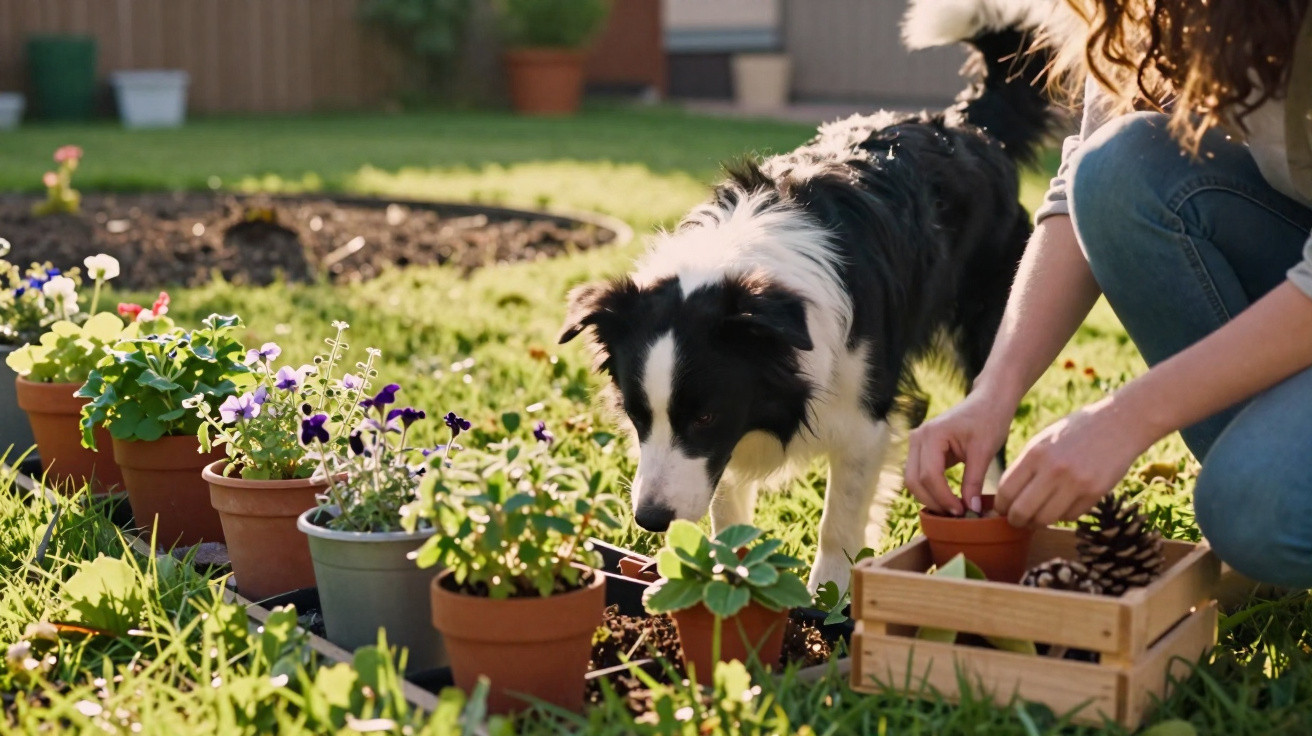 Black and white dog sniffing potted plants in a garden while a person arranges a small pot nearby.