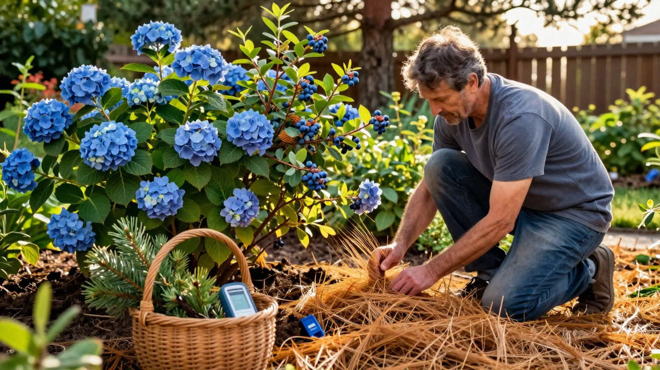 Man kneeling in garden, tending to plants near blue hydrangeas and a wicker basket with gardening tools.