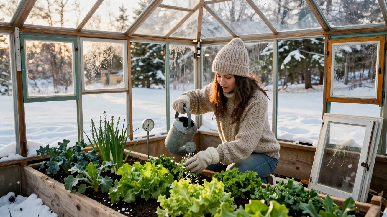 Young woman wearing a wool hat and gloves watering lettuce plants inside a greenhouse in snowy winter.
