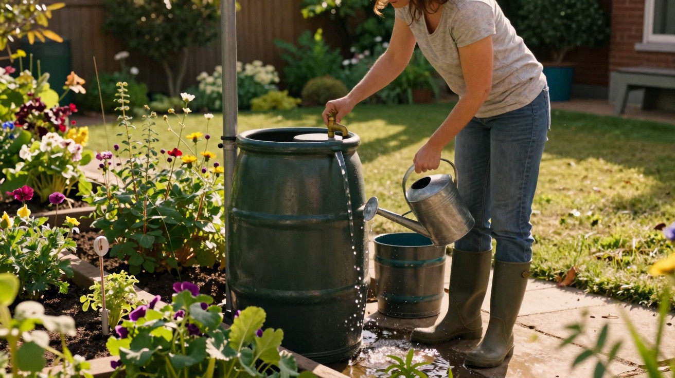 Person in boots filling a watering can from a green garden water barrel by flower beds on a sunny day.