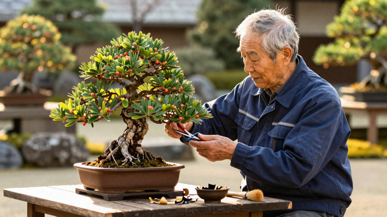 Elderly man carefully trims a potted bonsai tree outdoors on a wooden table with garden tools.