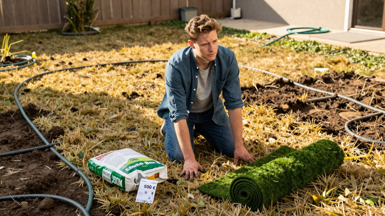 Man kneeling on dry grass next to a roll of artificial turf and a bag of growing soil in a garden.