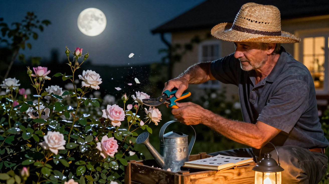 Man wearing straw hat pruning roses by night under a full moon with a watering can and lantern nearby.
