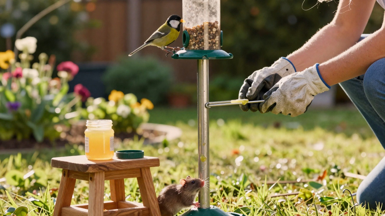 Person wearing gloves tightening a bird feeder in garden with a bird perched and a rat nearby.