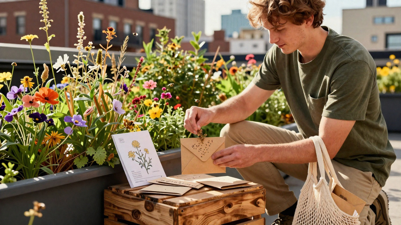 Young man kneeling by a flower planter arranging seed packets on a wooden table outdoors in sunlight.