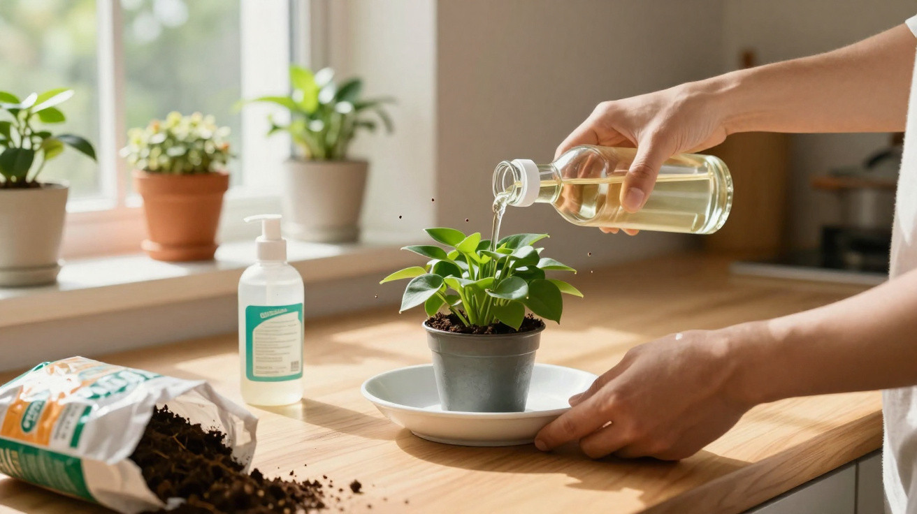 Hands pouring water from a bottle onto a potted plant on a kitchen counter with gardening supplies nearby.