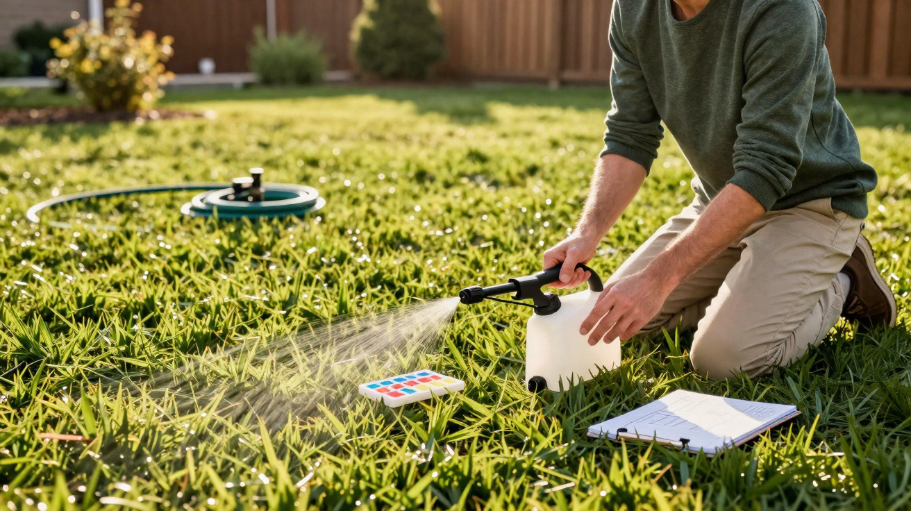 Person testing lawn soil by spraying water and using a colour chart and clipboard in the grass.