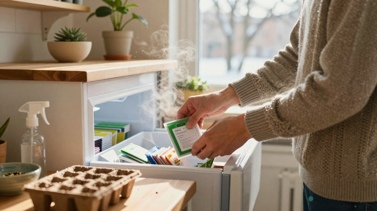 Person taking a steaming seed packet from a freezer drawer in a sunlit kitchen with plant pots nearby.