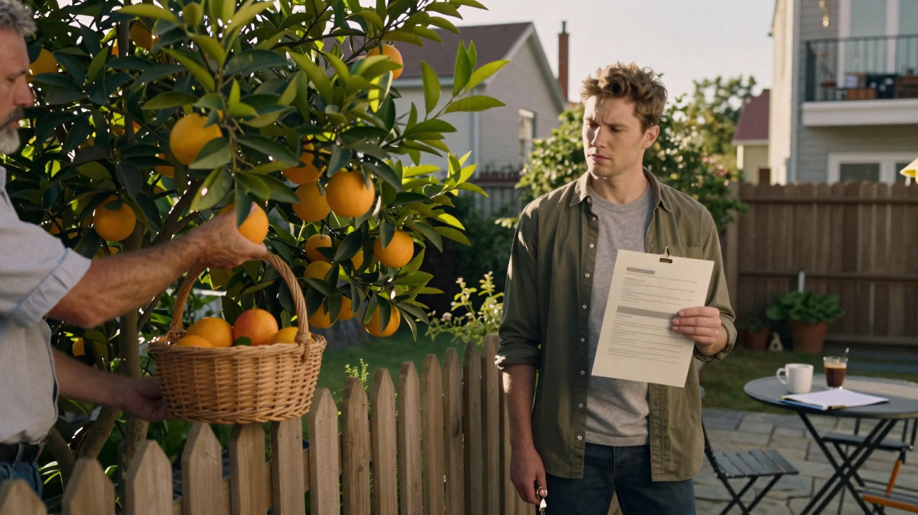 Man holding papers observing another man picking oranges into a basket by a garden fence.