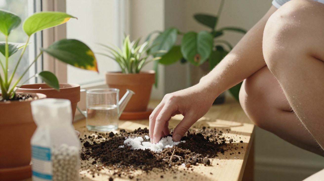Hand adding fertiliser to soil on a wooden table surrounded by potted houseplants by a window.