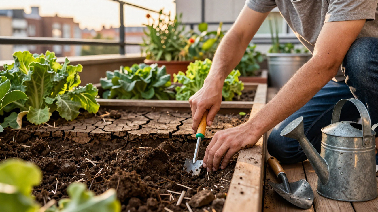 Person planting seeds in a raised garden bed with green plants and a metal watering can nearby.