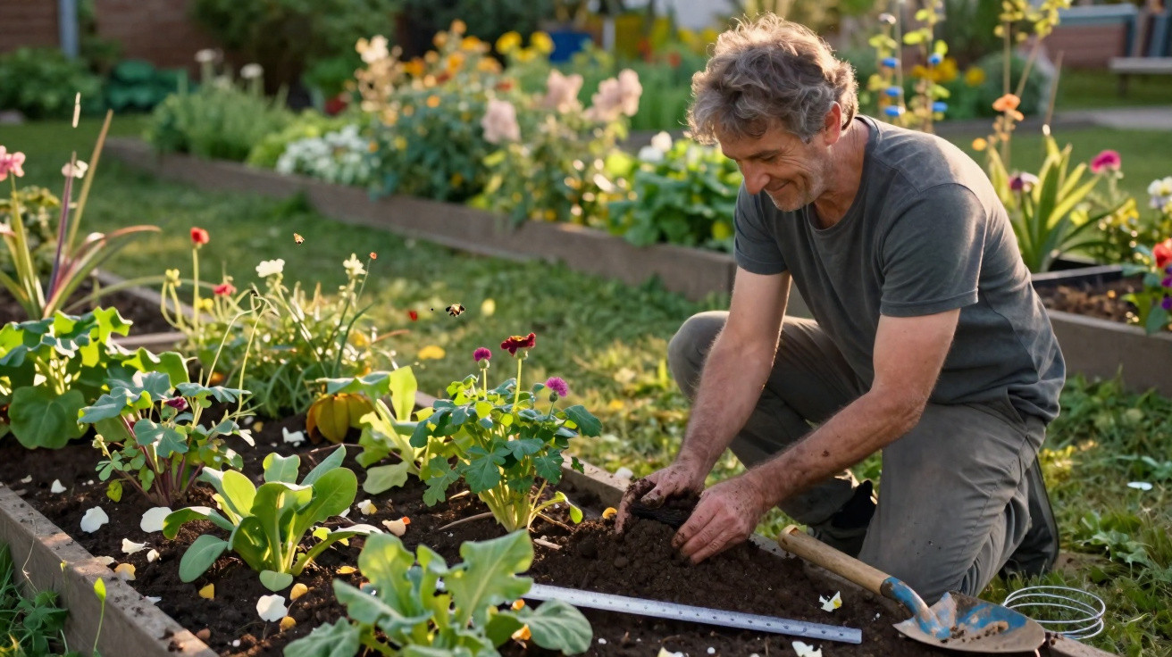 Man kneeling and planting flowers in a raised garden bed on a sunny day.